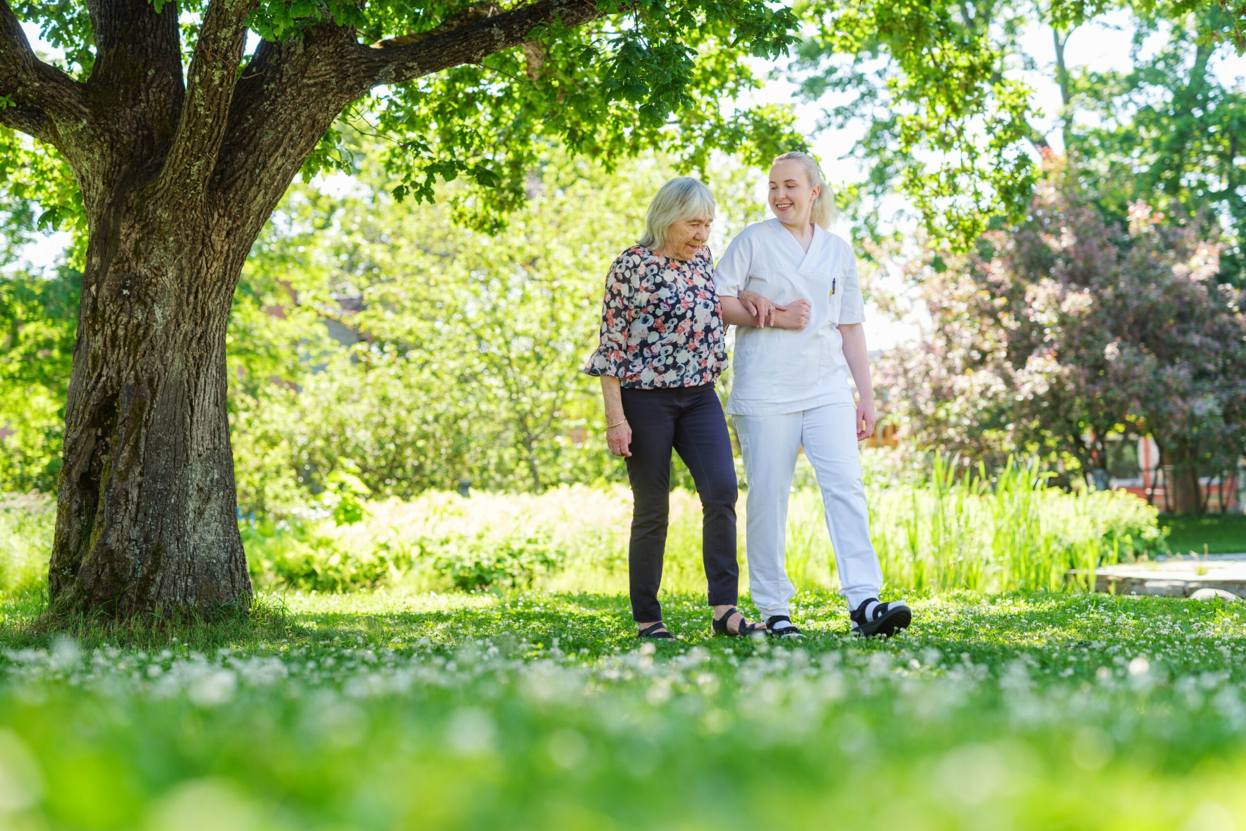 Elderly person and nurse out in the park.